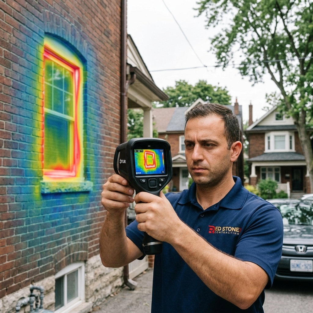 Red Stone Contracting energy auditor using thermal imaging camera to detect heat loss on Toronto home