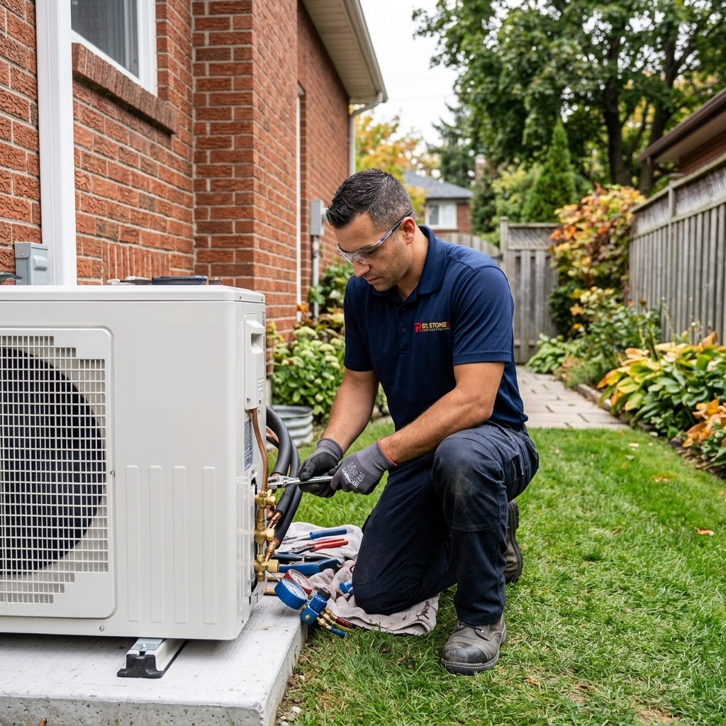Red Stone Contracting HVAC technician installing cold-climate heat pump at Toronto home