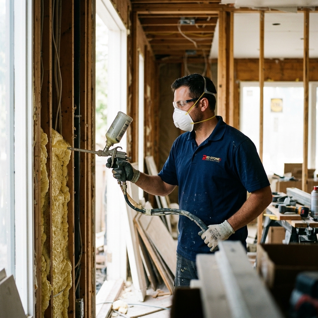 Red Stone Contracting worker installing spray foam insulation in Toronto home wall cavities