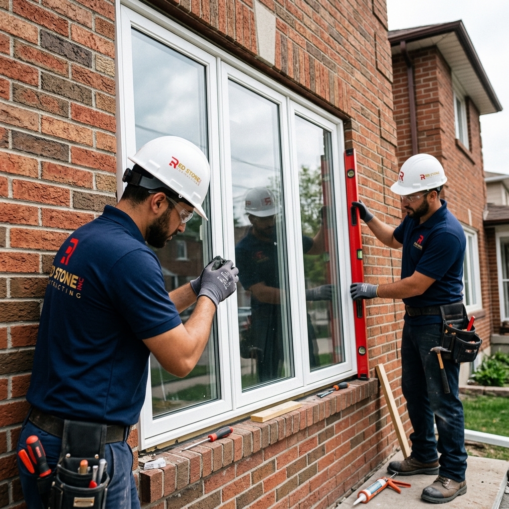 Red Stone Contracting team installing triple-pane energy-efficient window on Toronto brick home