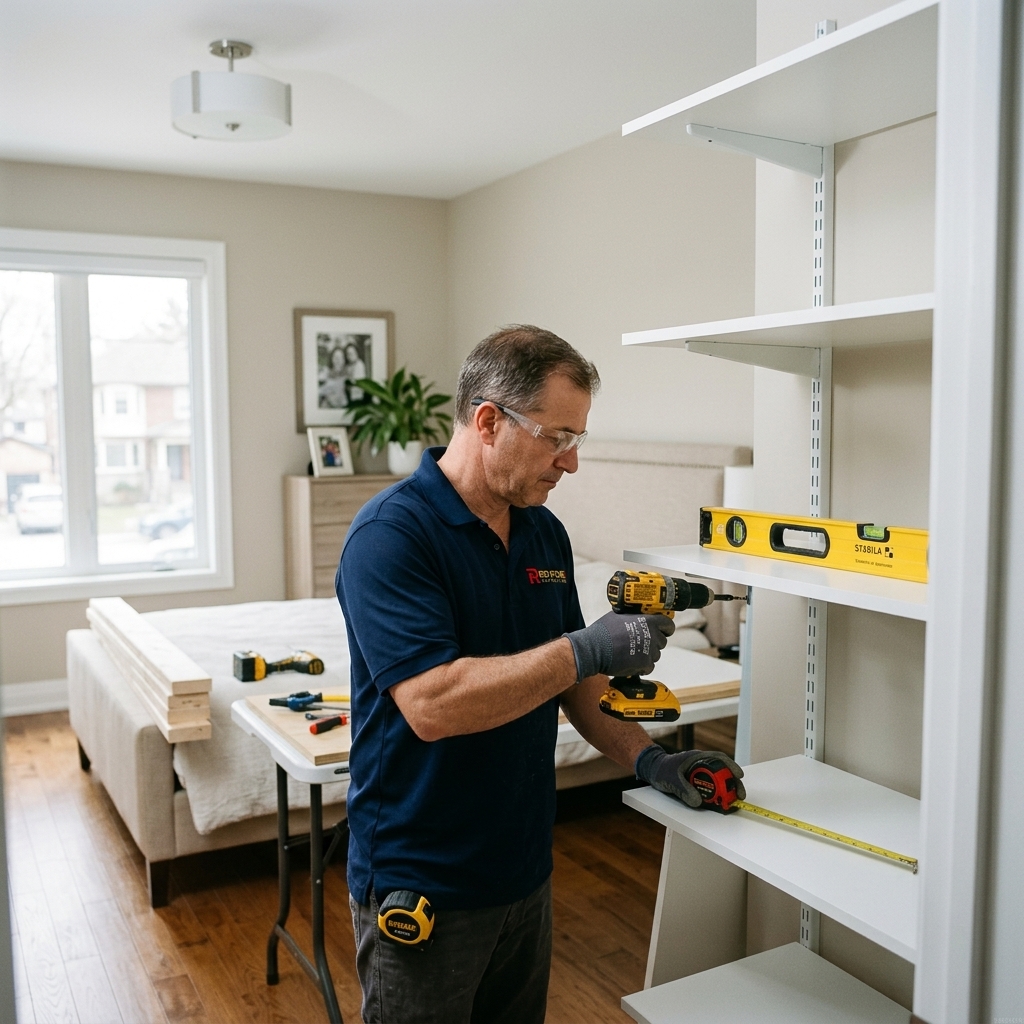 Red Stone Contracting carpenter building custom closet shelving in Toronto bedroom