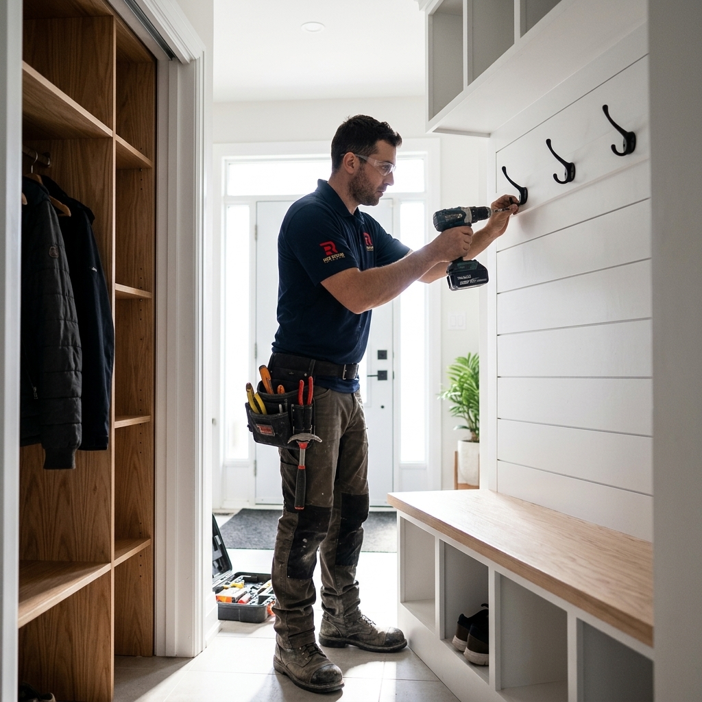 Red Stone Contracting worker installing built-in entryway storage with shiplap and bench in Toronto home