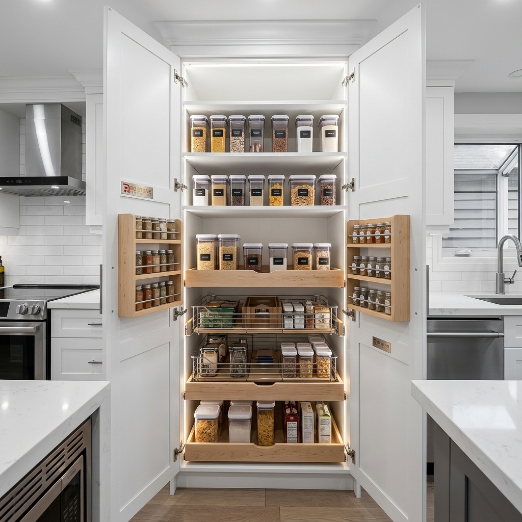 Custom built pantry closet with pull-out drawers and spice rack organizers in Toronto kitchen renovation
