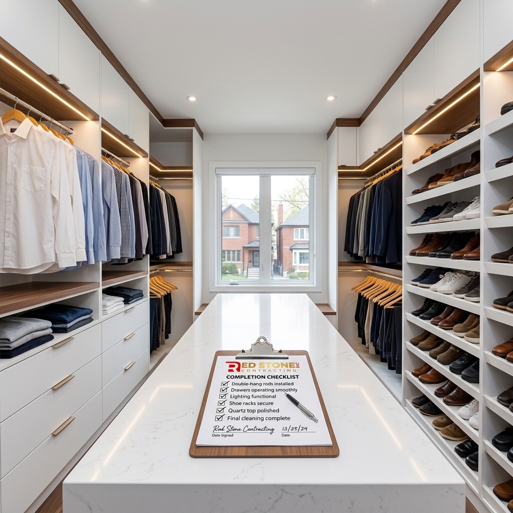 Custom walk-in closet with LED lighting, shoe racks, and Red Stone Contracting completion checklist in Toronto home