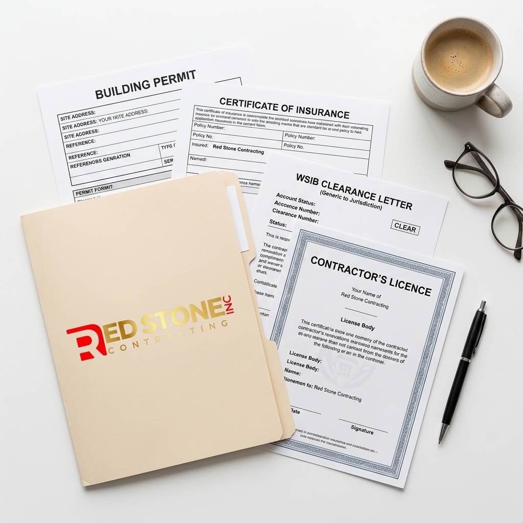Red Stone Contracting branded folder with insurance certificates, WSIB clearance letter, and contractor licence documents