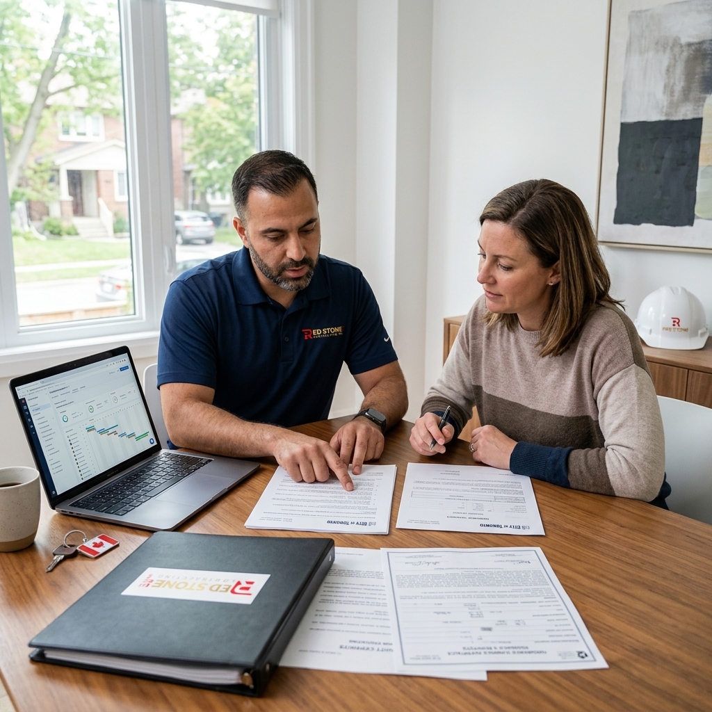 Red Stone Contracting project manager reviewing insurance and permit documents with Toronto homeowner