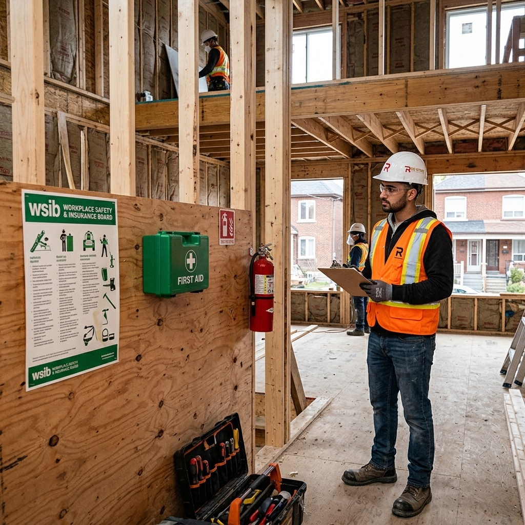 Red Stone Contracting worker in safety vest inspecting WSIB-compliant renovation job site in Toronto