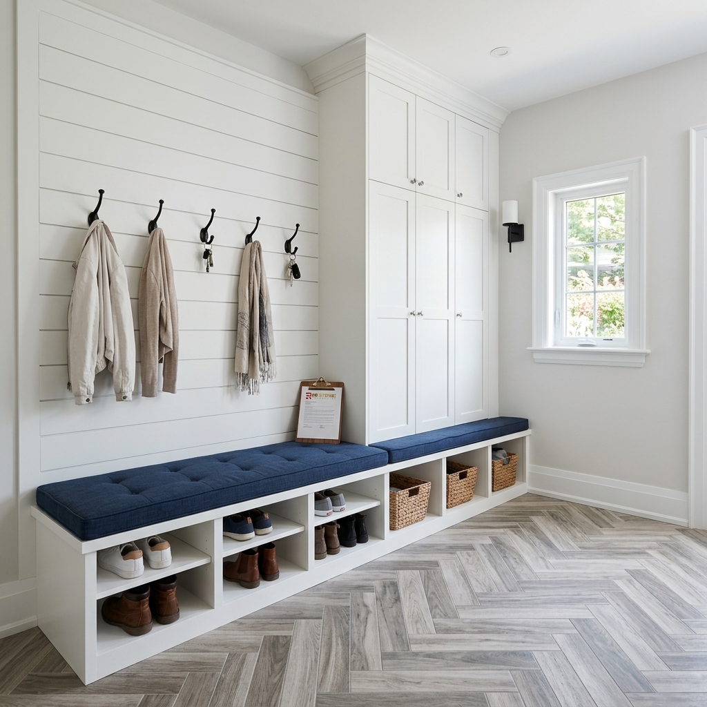 Beautifully finished custom mudroom with shiplap wall, bench seating, and shoe cubbies in Toronto home
