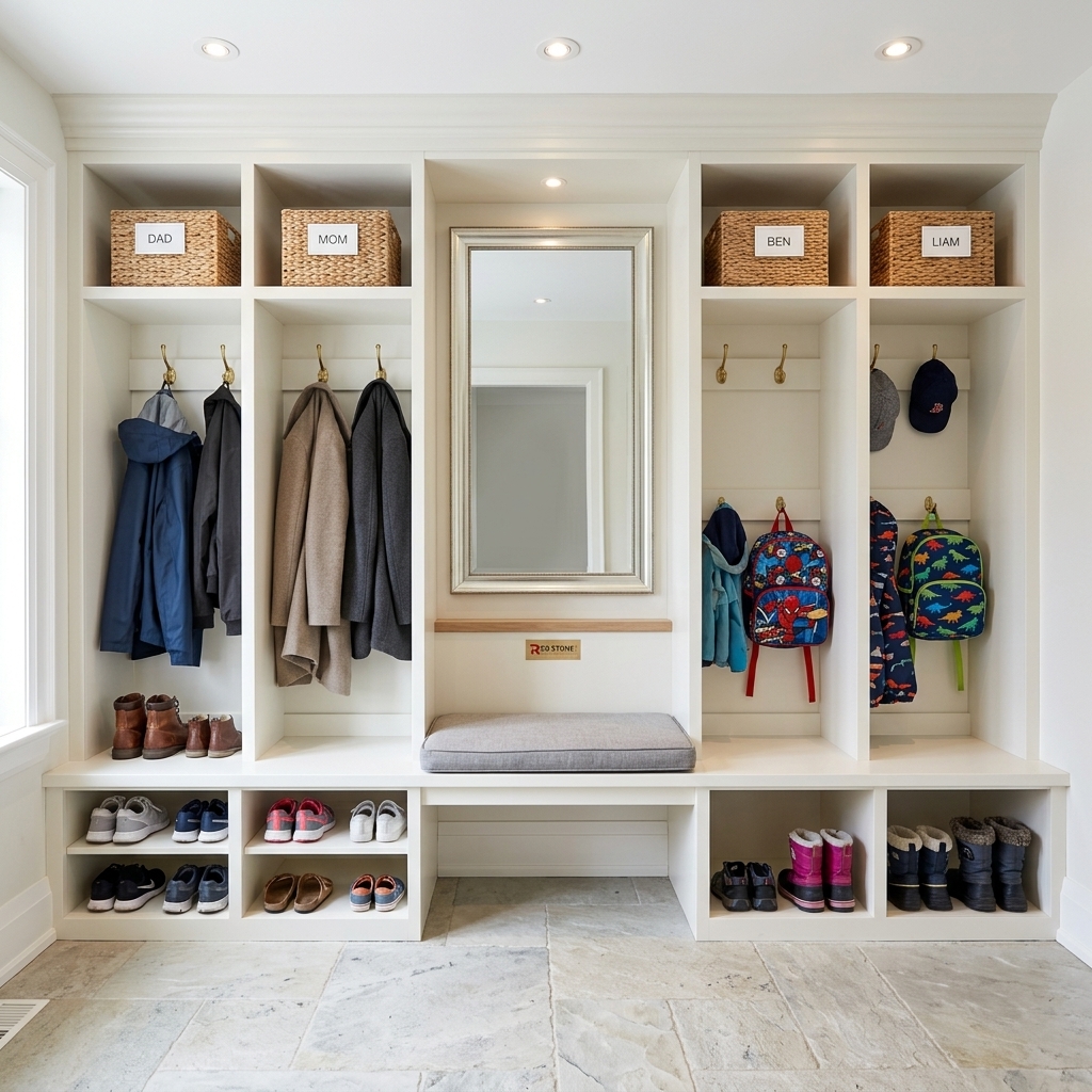 Organized family mudroom storage system with labelled lockers for each family member in Toronto home