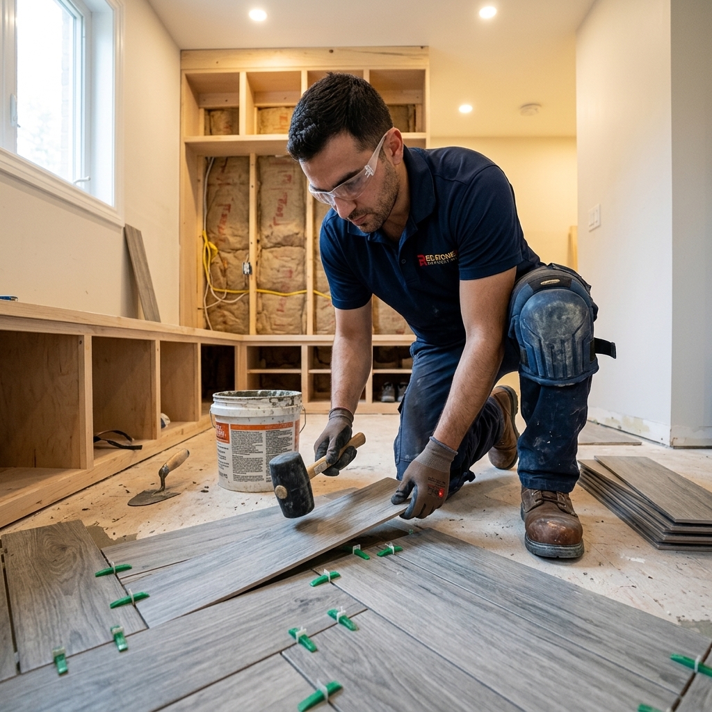 Red Stone Contracting worker installing floor tiles in Toronto home mudroom renovation