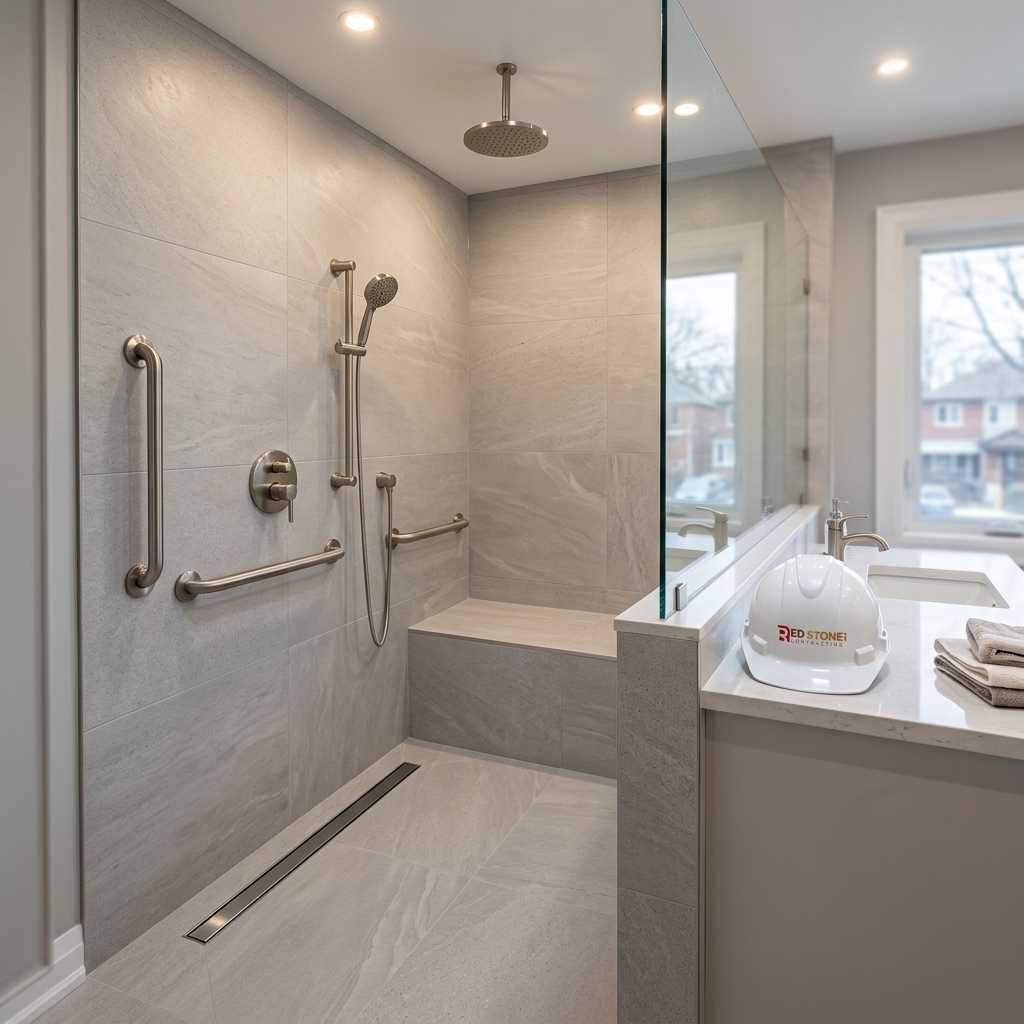 Accessible barrier-free walk-in shower with grab bars, bench, and linear drain in Toronto bathroom renovation