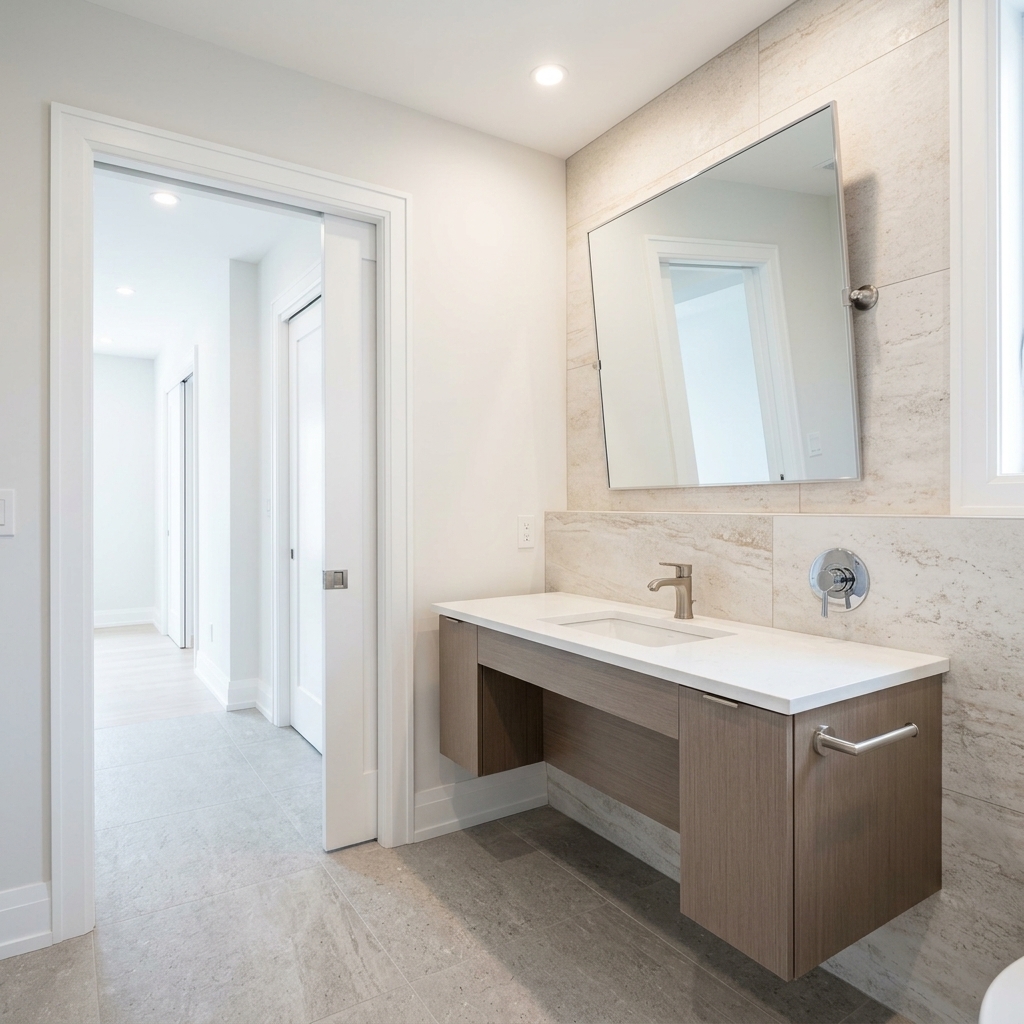 Wheelchair-accessible floating vanity with knee clearance and wide doorway in Toronto accessible bathroom