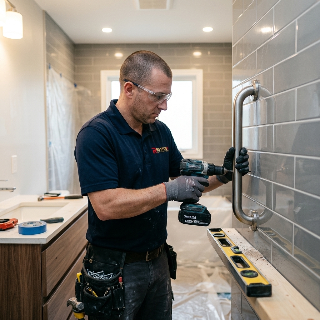 Red Stone Contracting worker installing stainless steel grab bar in accessible Toronto bathroom