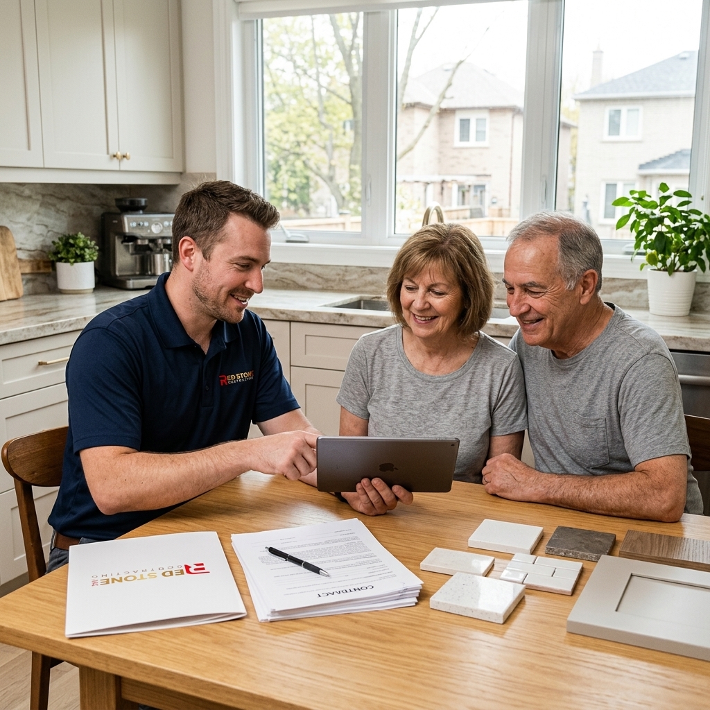 Red Stone Contracting project manager reviewing renovation plans with Toronto homeowners at kitchen table
