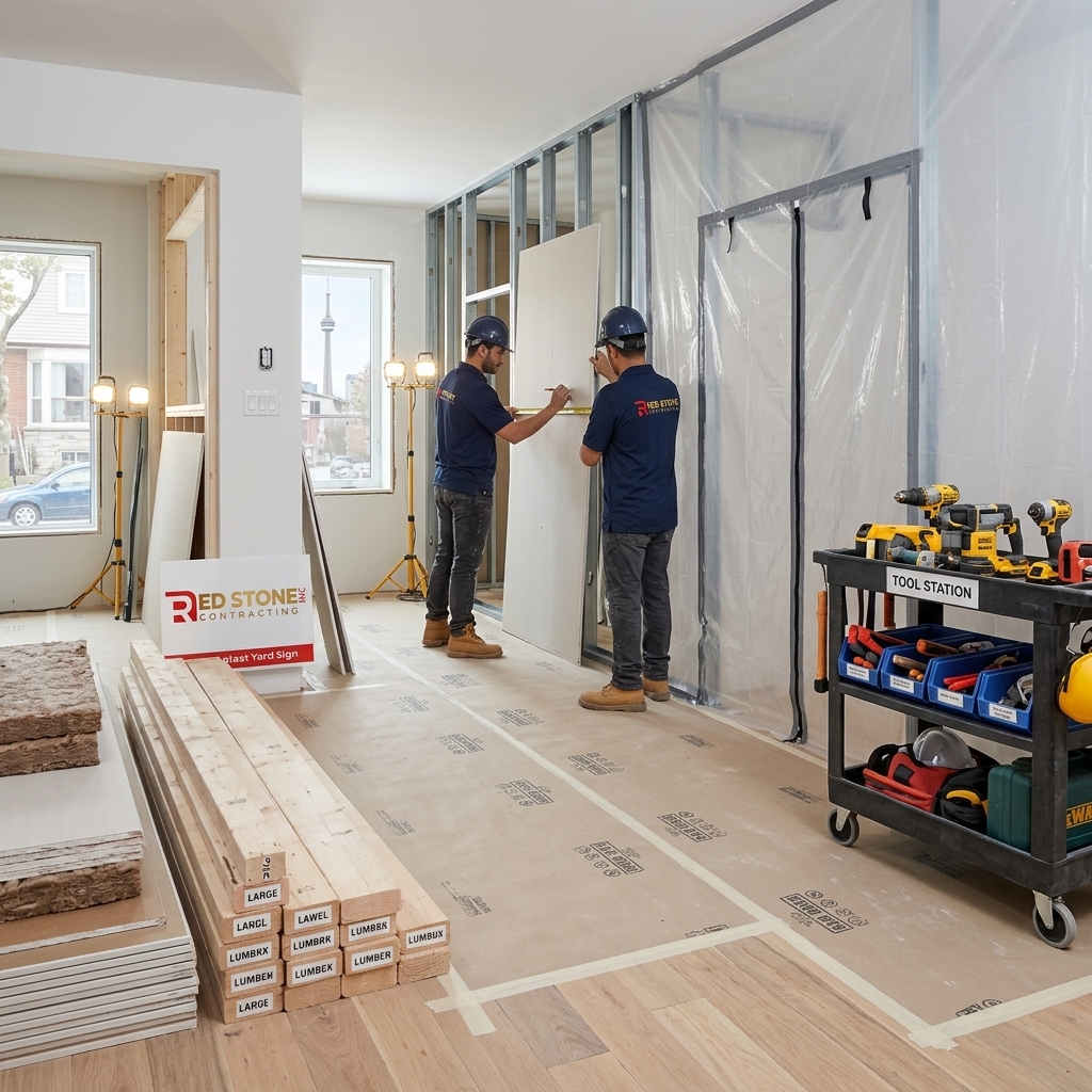 Well-organized Red Stone Contracting renovation job site with dust barriers and labelled tool stations in Toronto home