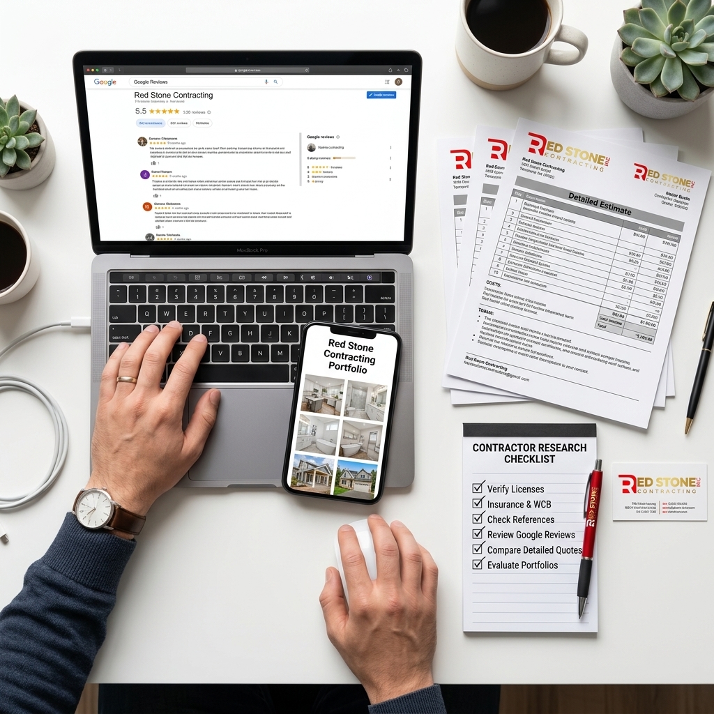 Homeowner researching contractors on laptop showing Red Stone Contracting Google reviews and portfolio