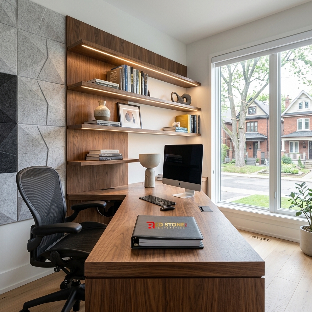 Beautifully renovated home office with built-in walnut desk, floating shelves, acoustic panels, and Red Stone Contracting project binder