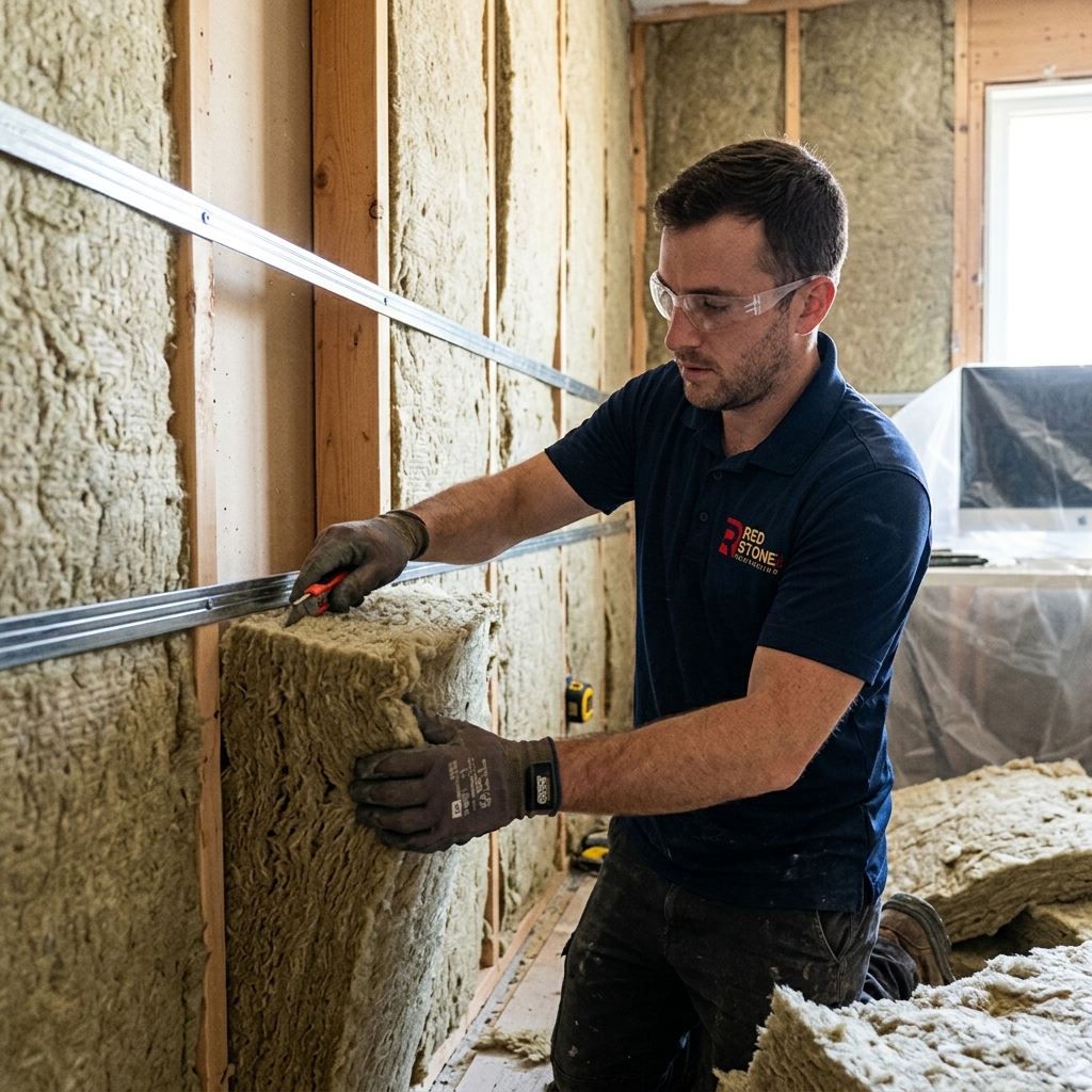 Red Stone Contracting worker installing mineral wool acoustic insulation and resilient channel in Toronto home office wall