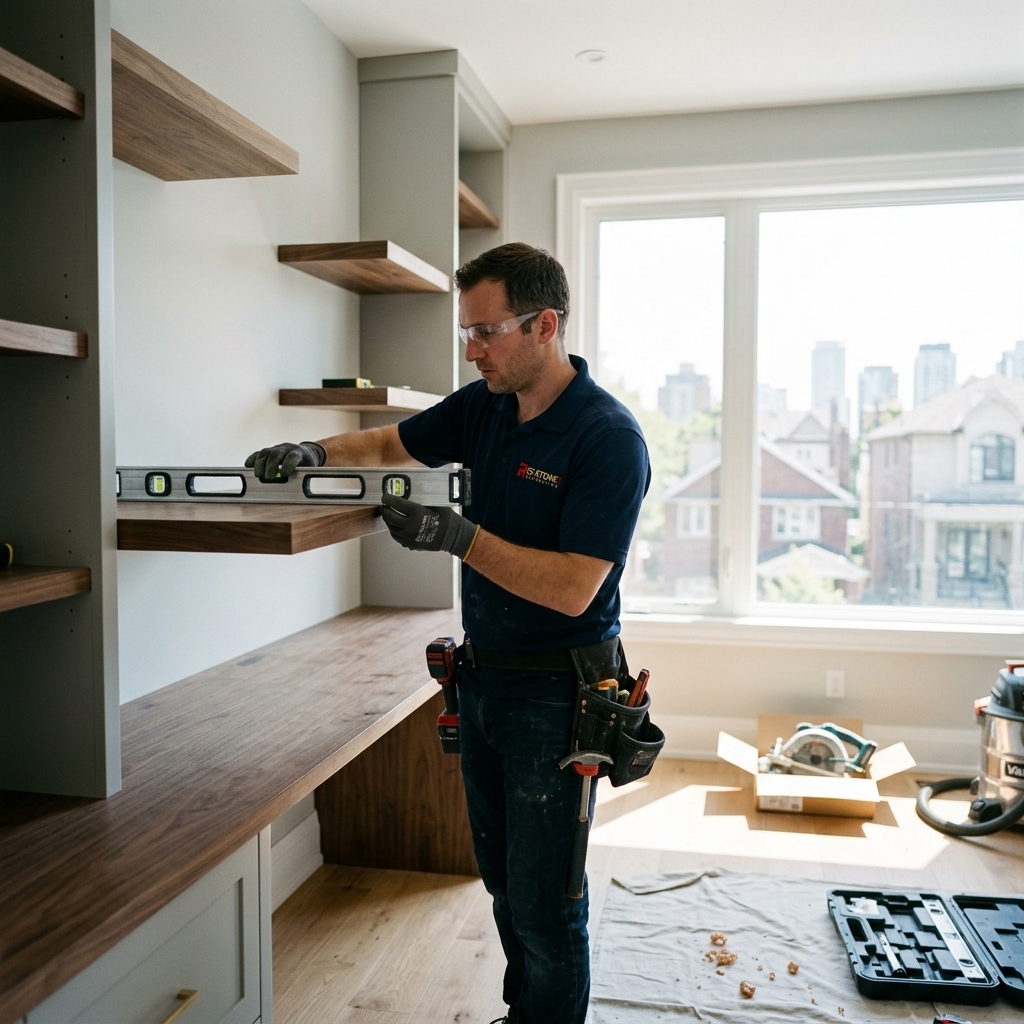 Red Stone Contracting carpenter installing built-in walnut desk and floating shelves in Toronto home office