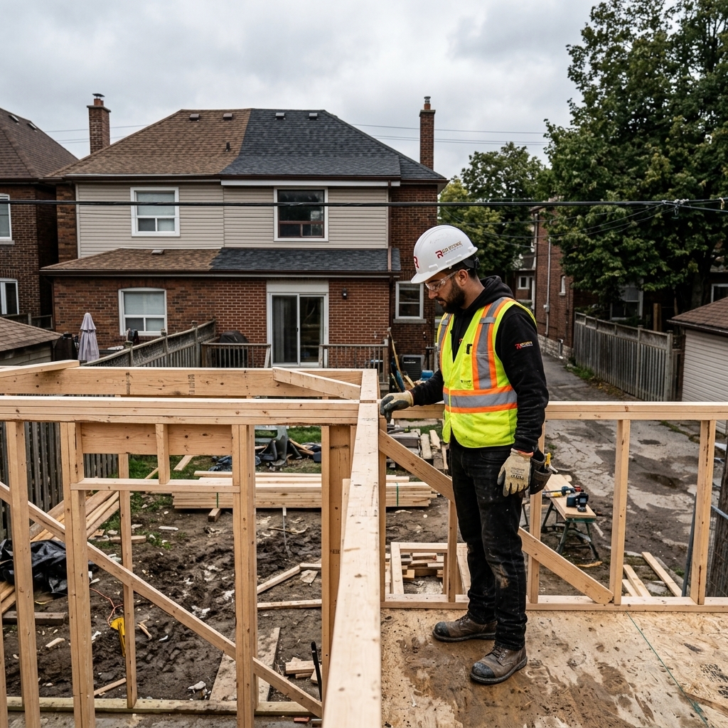 Laneway suite under construction in a Toronto backyard with worker in Red Stone Contracting safety gear