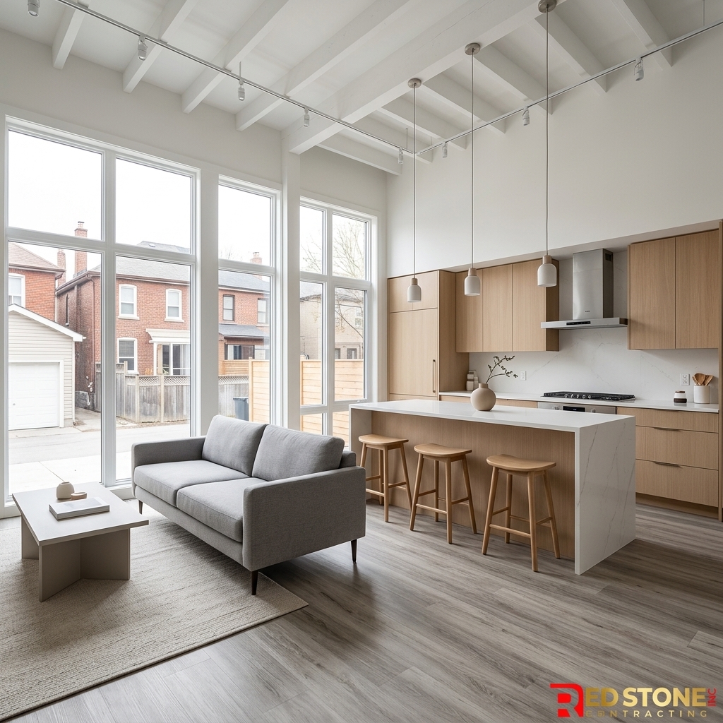 Modern laneway suite interior in Toronto with open concept kitchen and living room