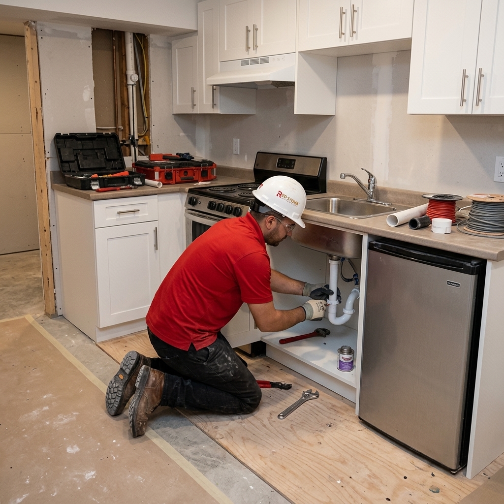 Red Stone Contracting worker installing second kitchen plumbing in Toronto in-law suite