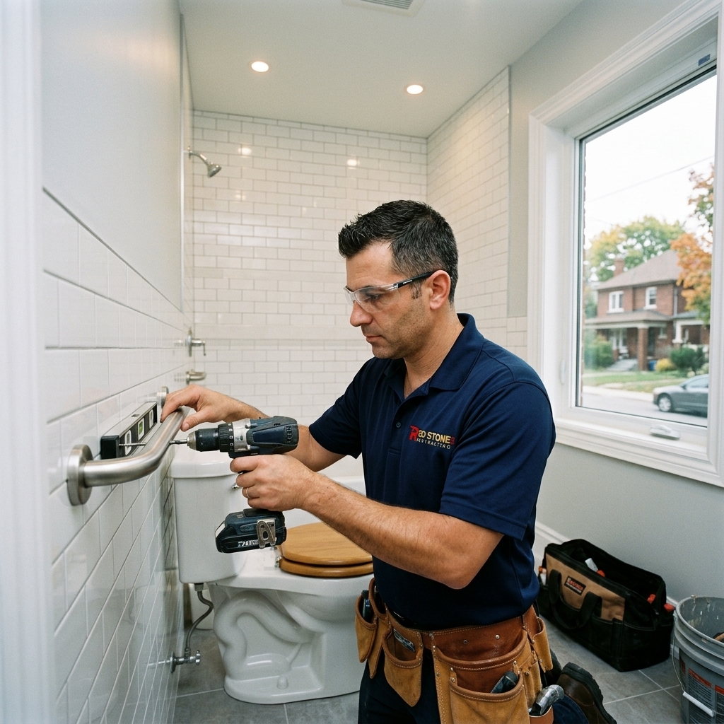 A highly skilled Toronto contractor installing heavy-duty, concealed structural blocking inside a bathroom wall framework to support future safety grab bars before the drywall is hung.