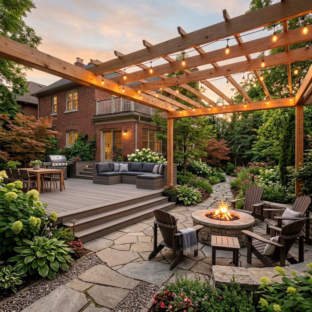 A stunning, ultra-luxury outdoor living space in Toronto featuring a massive composite deck, a heavy timber pergola, an integrated stone fireplace, and a fully equipped outdoor kitchen.