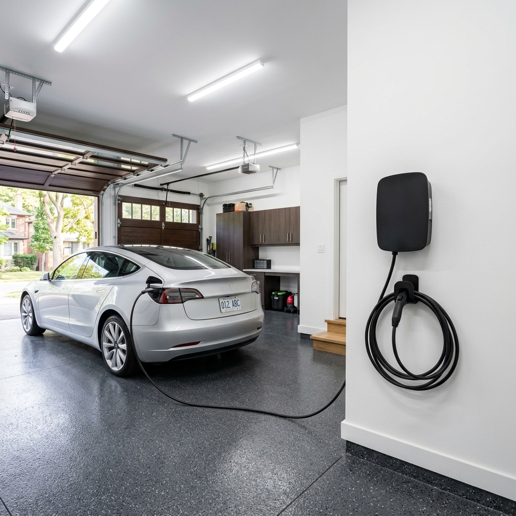 A flawlessly executed, ultra-modern garage renovation in Toronto featuring dual high-speed Level 2 EV chargers mounted onto sleek, slat-wall panels.