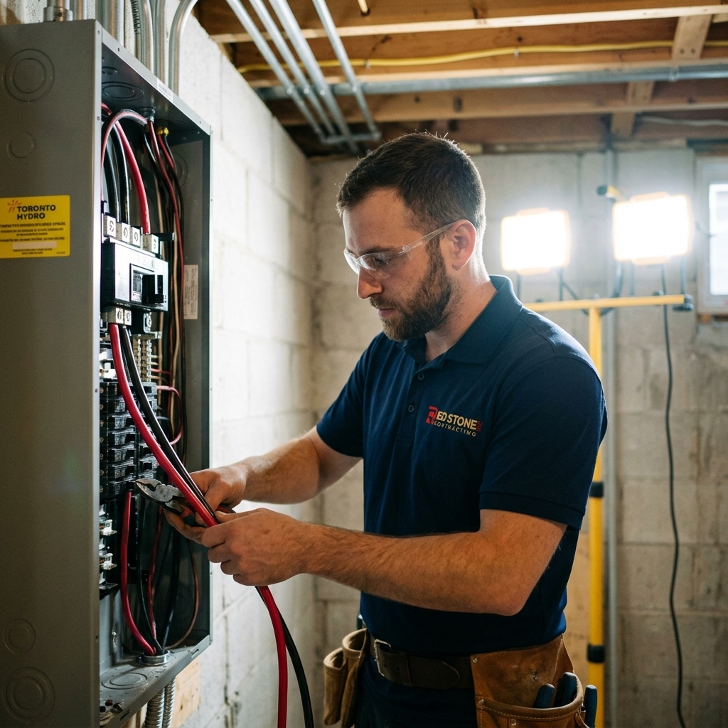 A highly trained, licensed master electrician aggressively installing massive, heavy-gauge copper wiring into a brand new 200-Amp electrical panel in a Toronto basement.