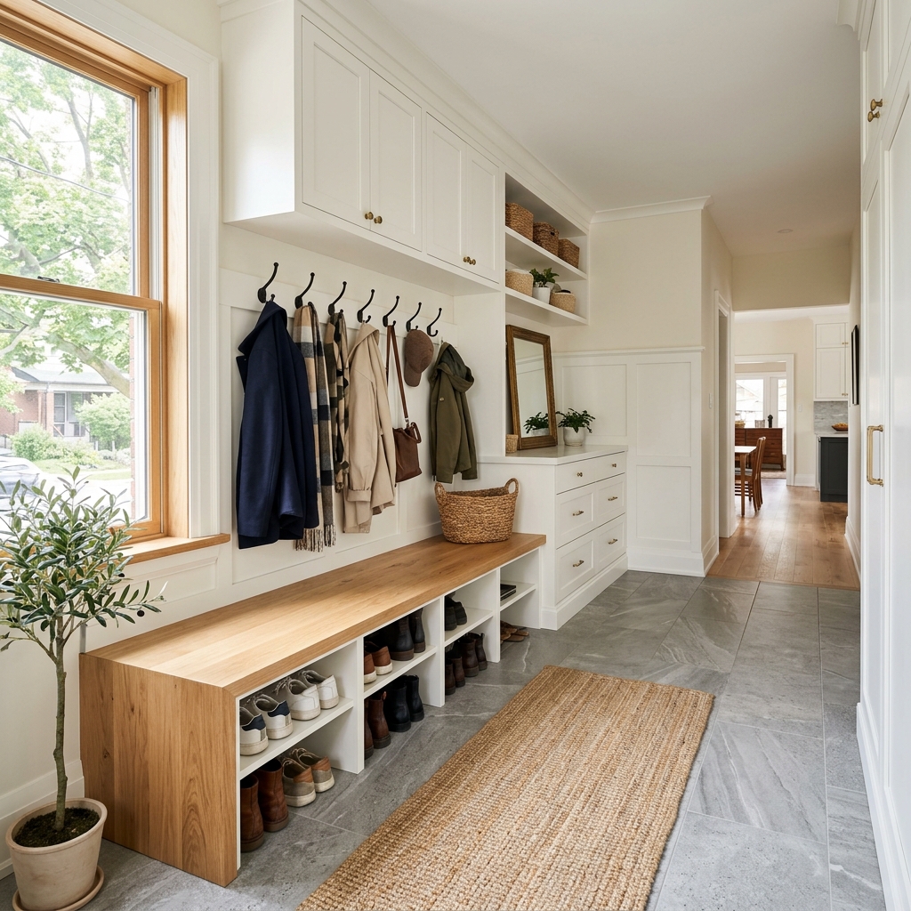 A flawlessly executed, ultra-luxury Toronto mudroom featuring massive, floor-to-ceiling custom millwork, heavy oak boot benches, and brilliant integrated LED lighting.