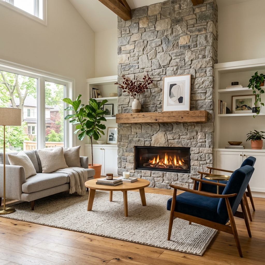 A flawlessly executed, ultra-luxury Toronto living room featuring a massive, floor-to-ceiling book-matched marble fireplace surround with a linear direct-vent gas insert.