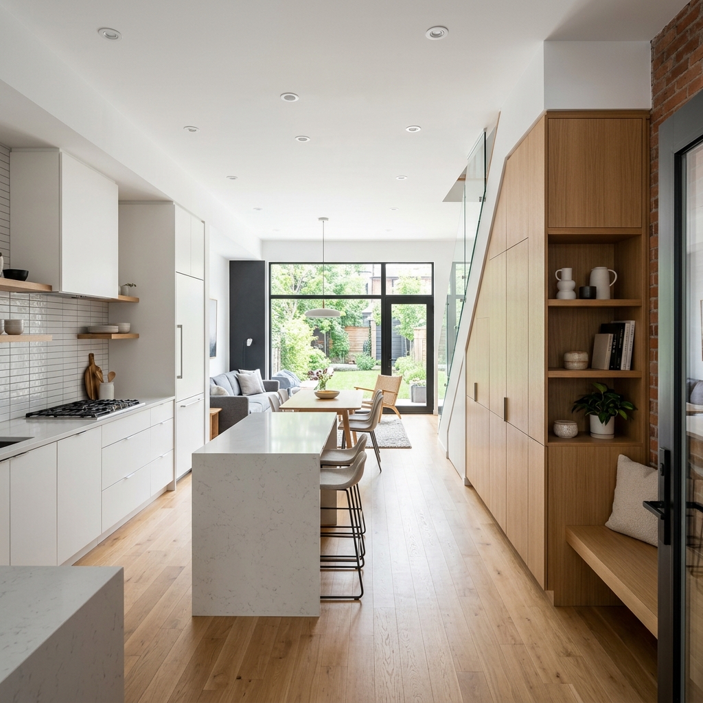 A flawlessly executed, ultra-modern open-concept Toronto townhouse renovation featuring massive, uninterrupted sightlines from the front living room straight through a luxury kitchen.