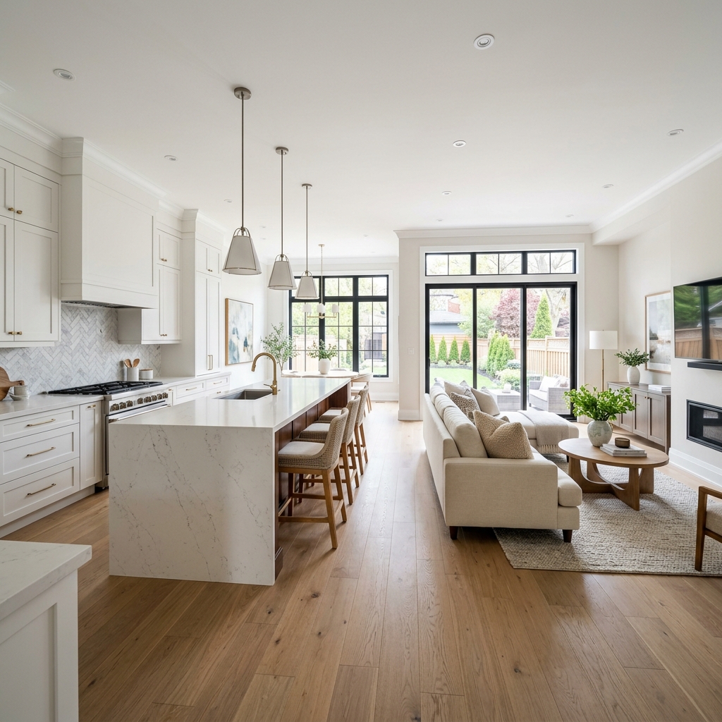 A highly detailed project management Gantt chart overlaid on a massive Toronto custom home renovation in the middle of the heavy framing stage.