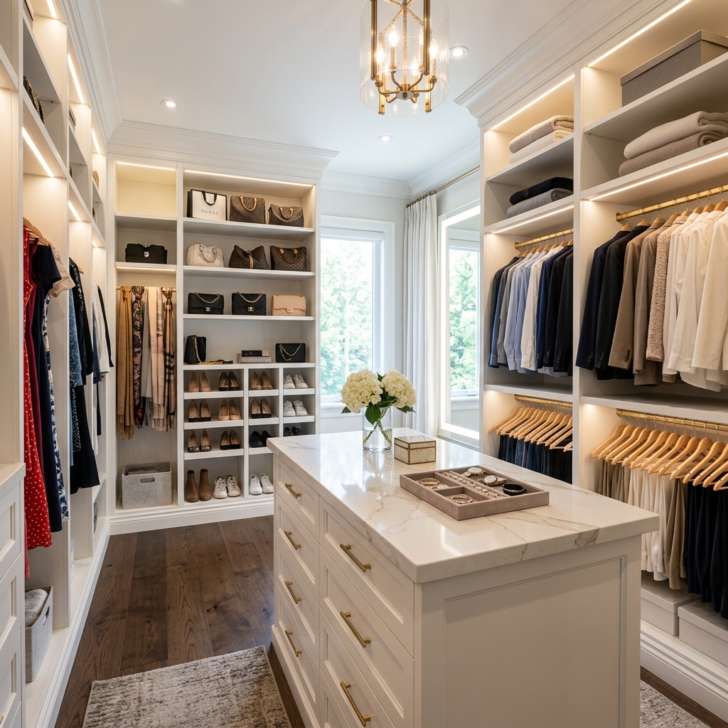 A flawlessly executed, ultra-luxury Toronto walk-in closet featuring massive, floor-to-ceiling custom millwork, integrated LED lighting, and a central quartz-topped island.