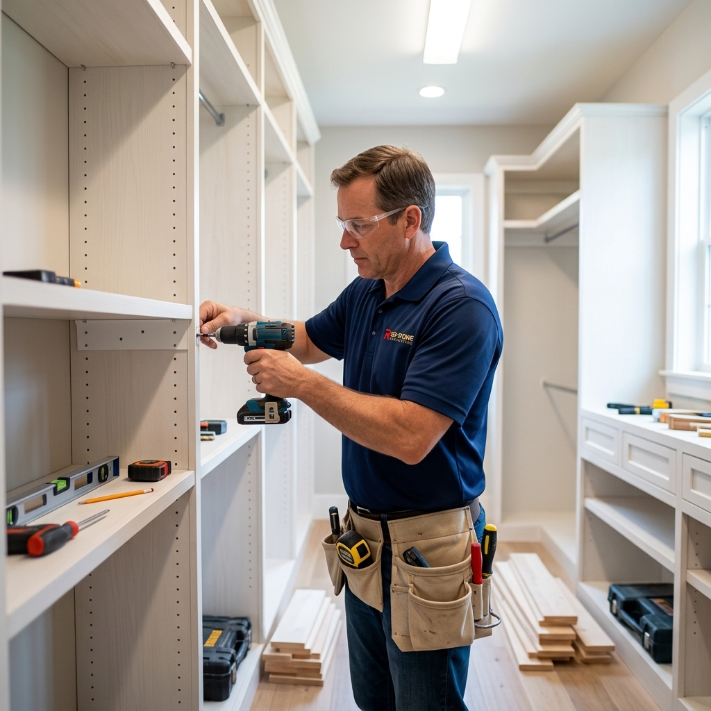 A master finish carpenter utilizing highly precise laser levels to install a massive, custom-built wooden closet island topped with incredibly heavy quartz in a Toronto home.
