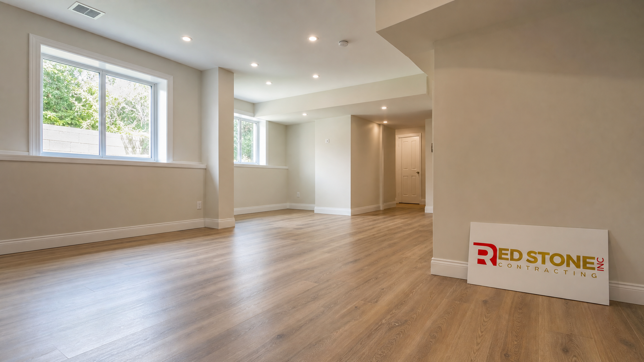 Wide view of a spacious finished basement in a Mississauga home with pot lighting and large egress windows