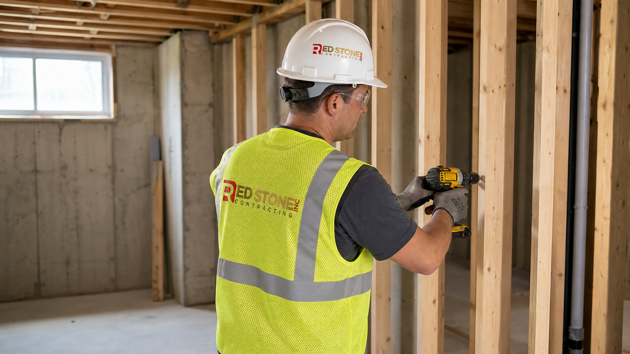 Tradesperson in hard hat and hi-vis vest framing basement walls during a Mississauga renovation