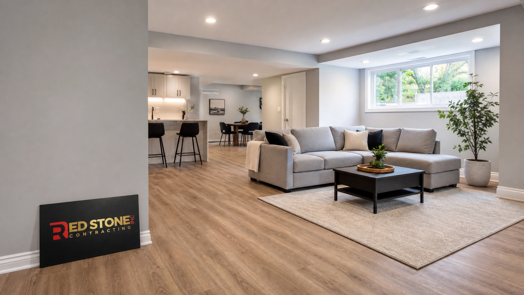 Finished bright open-concept basement living area in a Markham home with recessed lighting and vinyl plank flooring