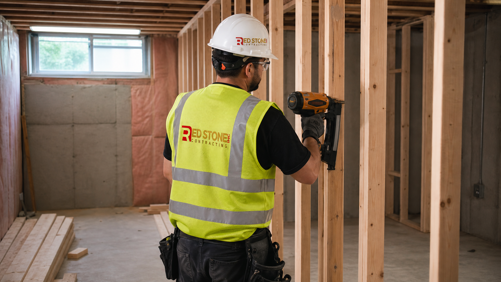 Tradesperson in full safety gear framing an interior wall during a basement renovation in Markham