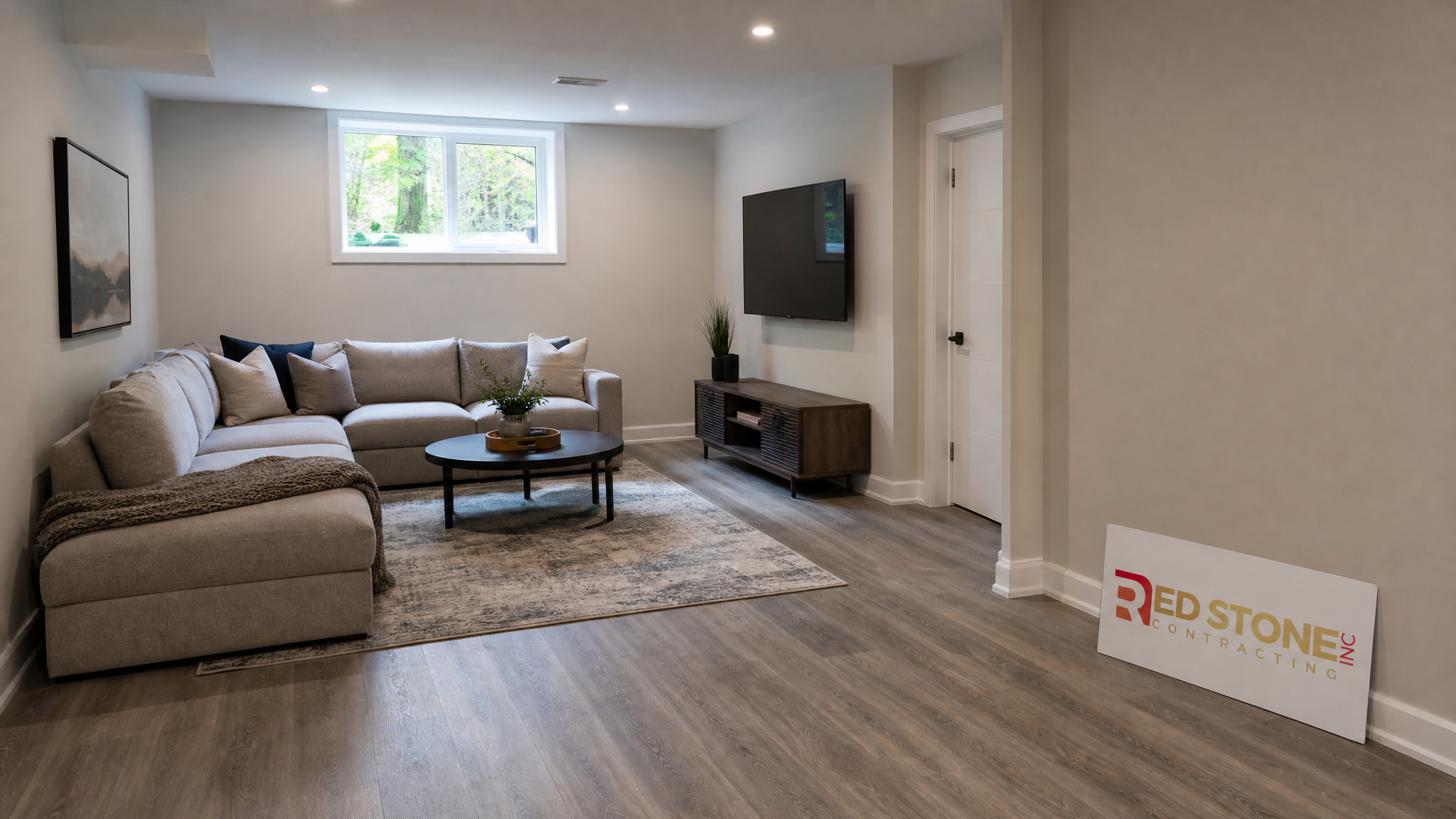 Bright finished basement renovation in a Richmond Hill home with pot lighting and engineered flooring