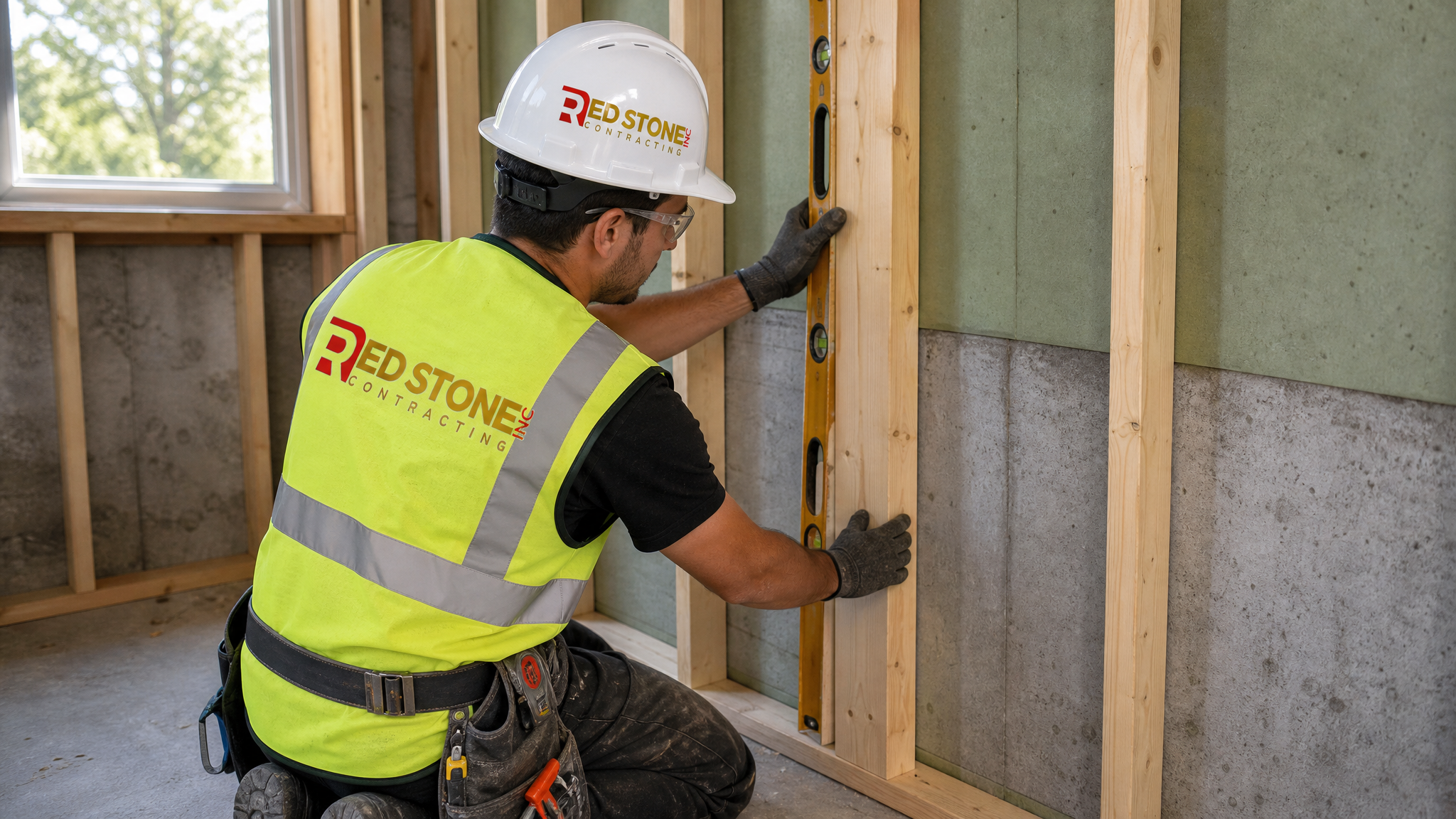 Red Stone Contracting tradesperson in full safety gear framing an insulated basement wall in Richmond Hill