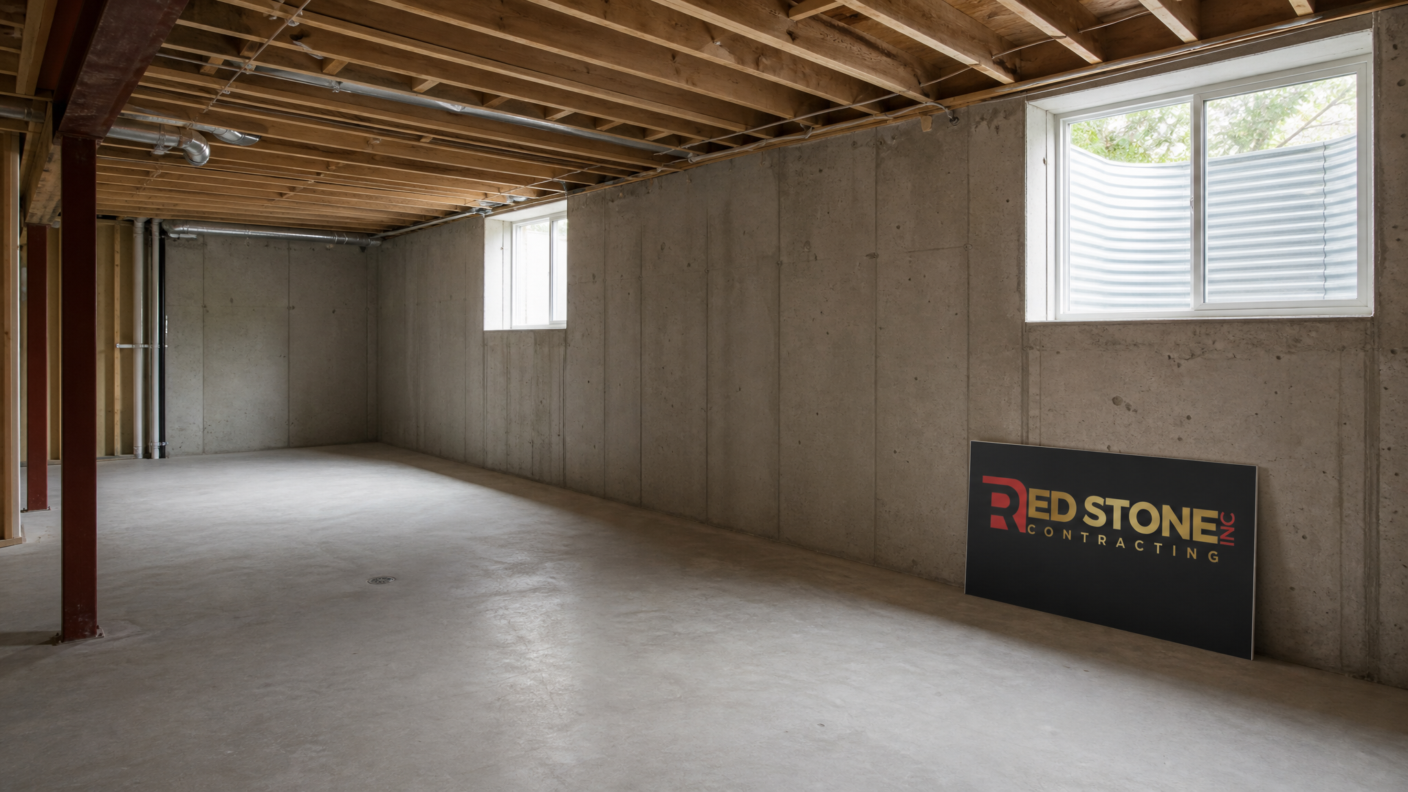Wide view of a spacious unfinished Burlington basement being prepared for renovation with a Red Stone Contracting sign nearby