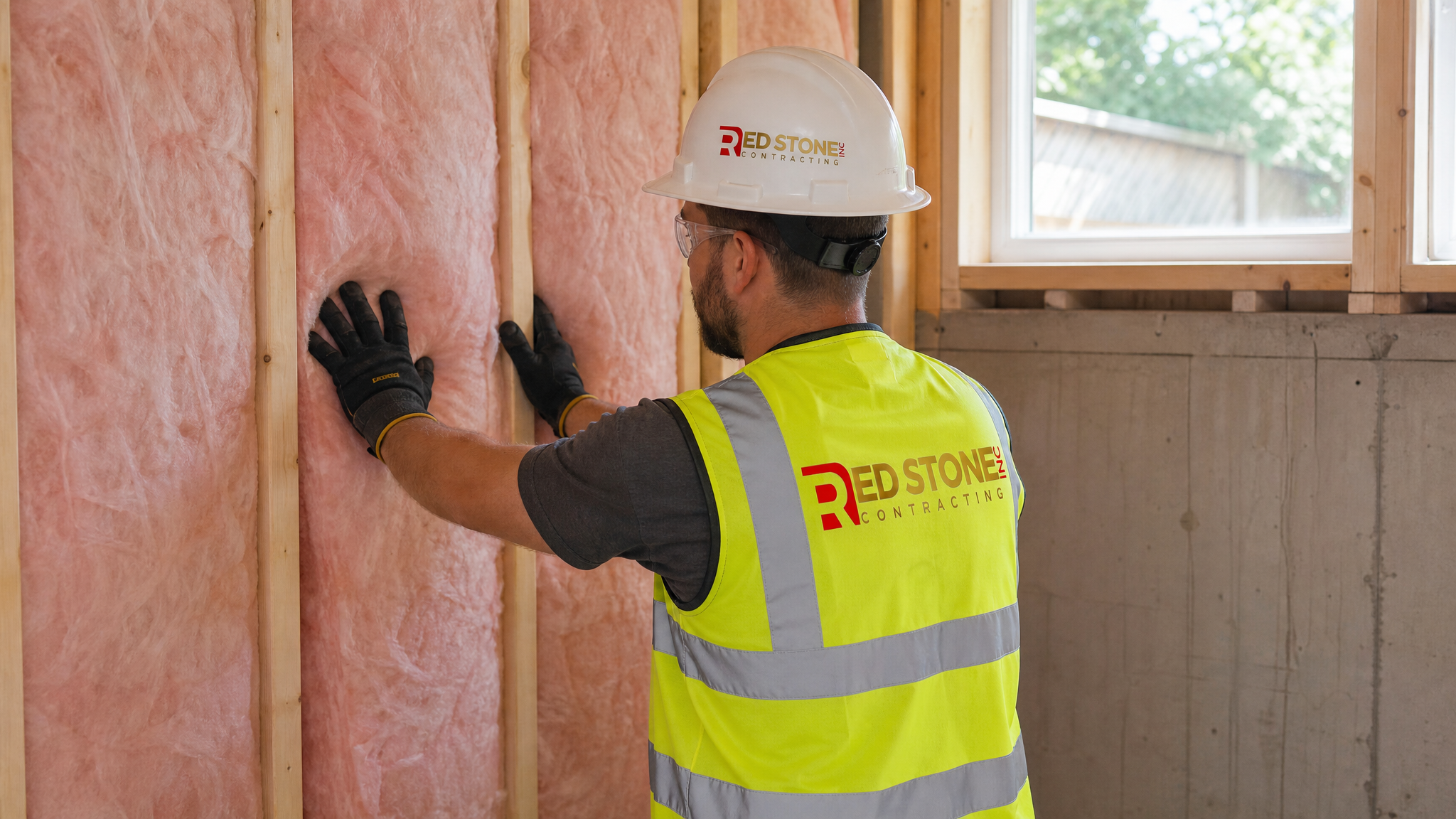 Tradesperson in full safety gear installing insulation and framing during a basement renovation in Burlington