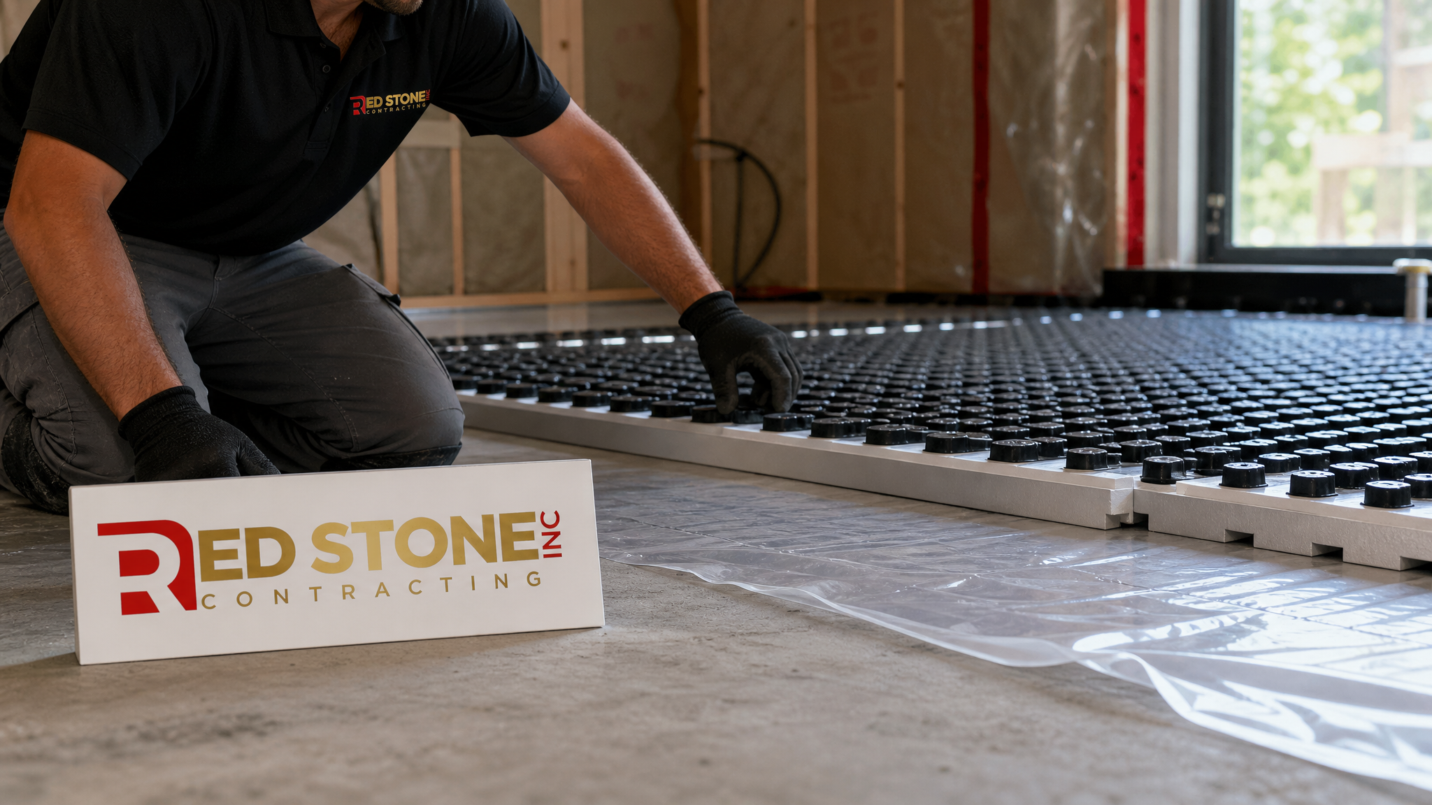 Close-up of subfloor panels and vapour barrier installed over concrete with a small Red Stone Contracting sign placard nearby