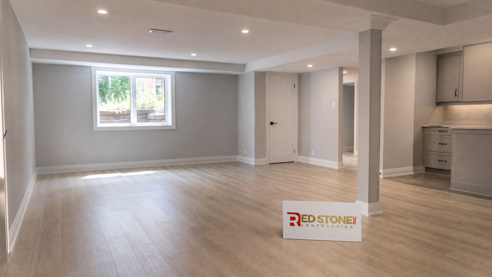 Wide interior view of a newly finished Oakville basement with recessed lighting, a small Red Stone Contracting sign placard on the floor