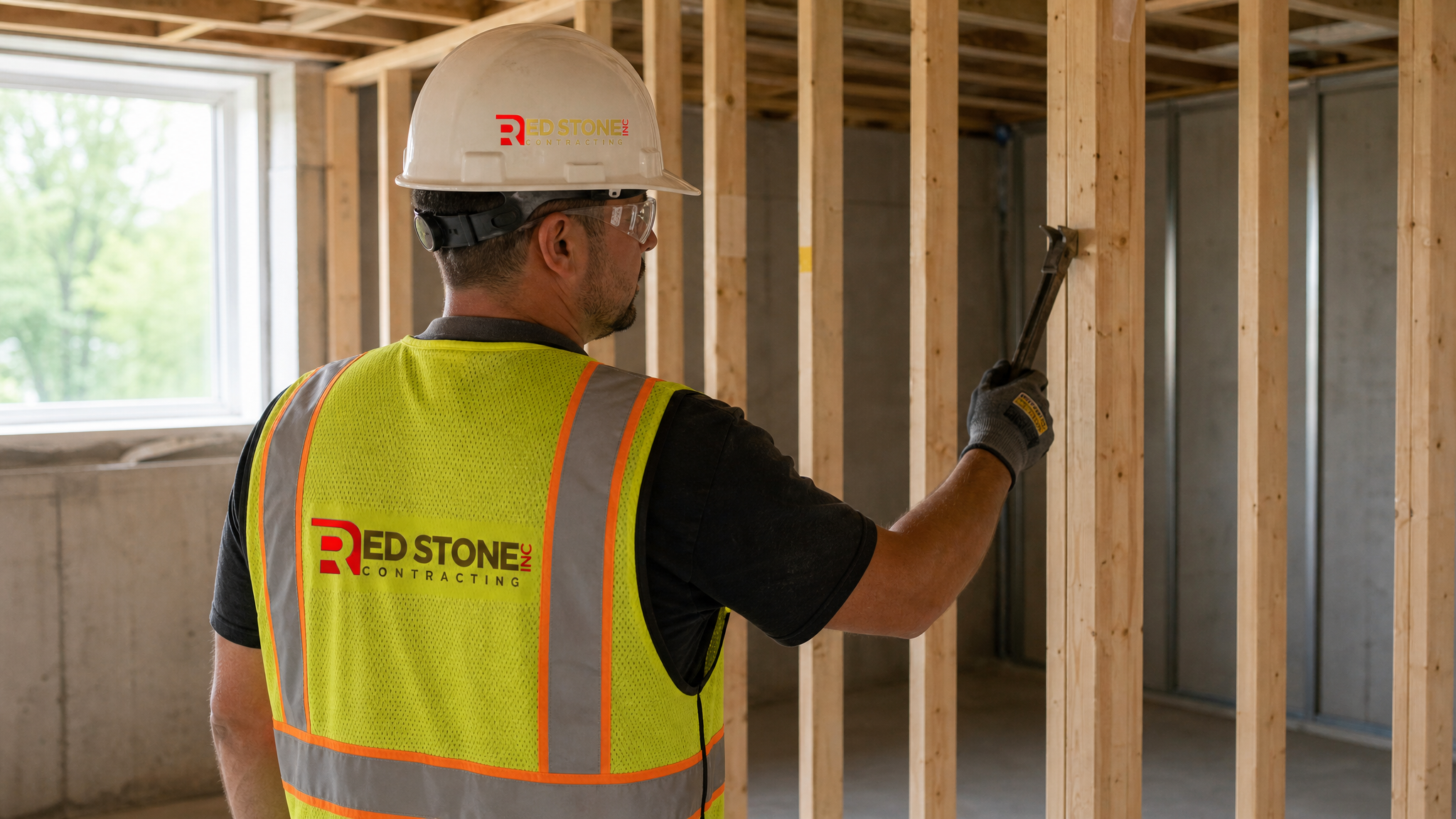 Tradesperson in hard hat, hi-vis vest, safety glasses and gloves framing a basement wall in an Oakville home
