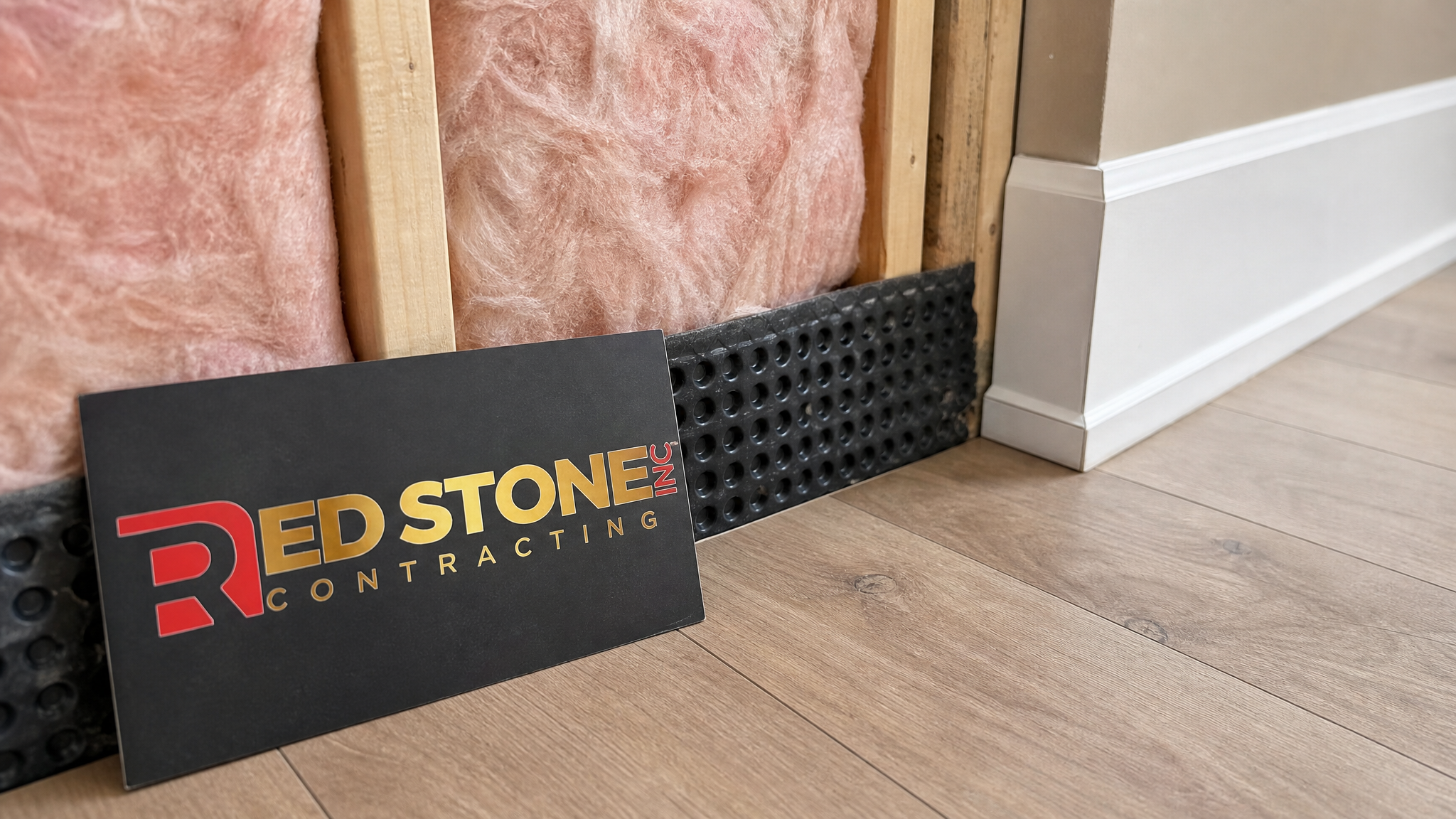 Close-up of engineered flooring and a framed insulated wall detail in a Vaughan basement renovation