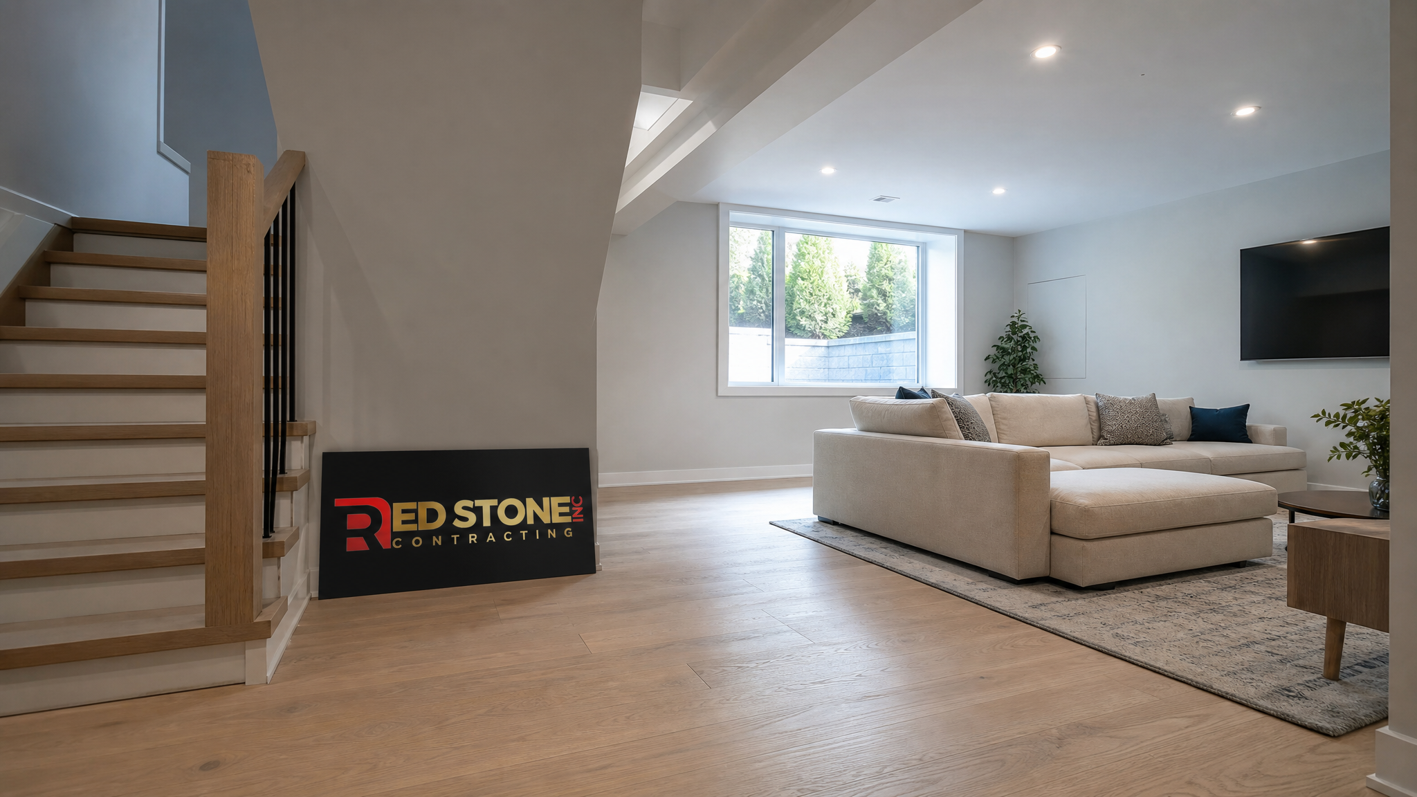 Finished bright basement living space in a Vaughan home with recessed lighting and engineered flooring