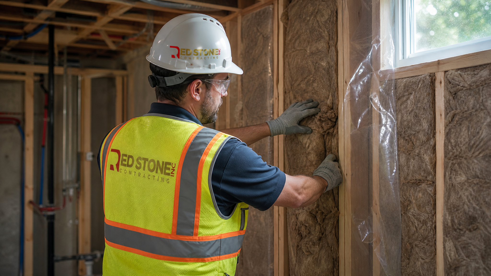 Renovation tradesperson in full safety gear installing insulation on a basement foundation wall in Vaughan